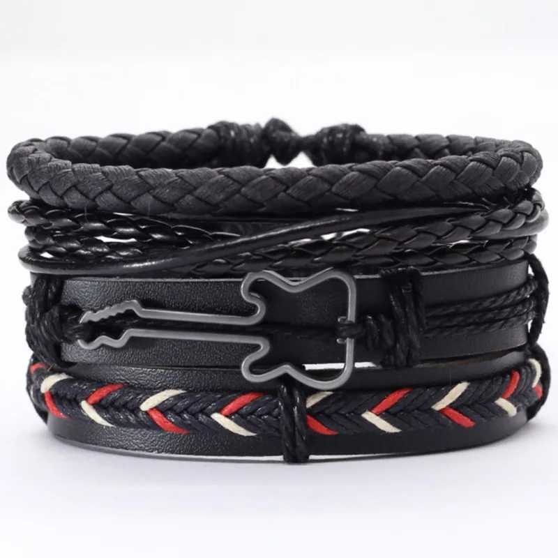 Металлический гитарный мужской модный кожаный браслет ручной работы из 4 частей AliExpress