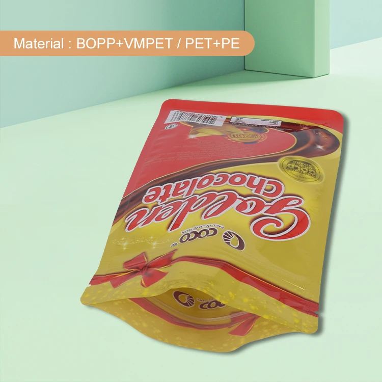 China plastic manufactured eight side-sealed box pouch or flat bottom bag with gusset for chocolate snacks