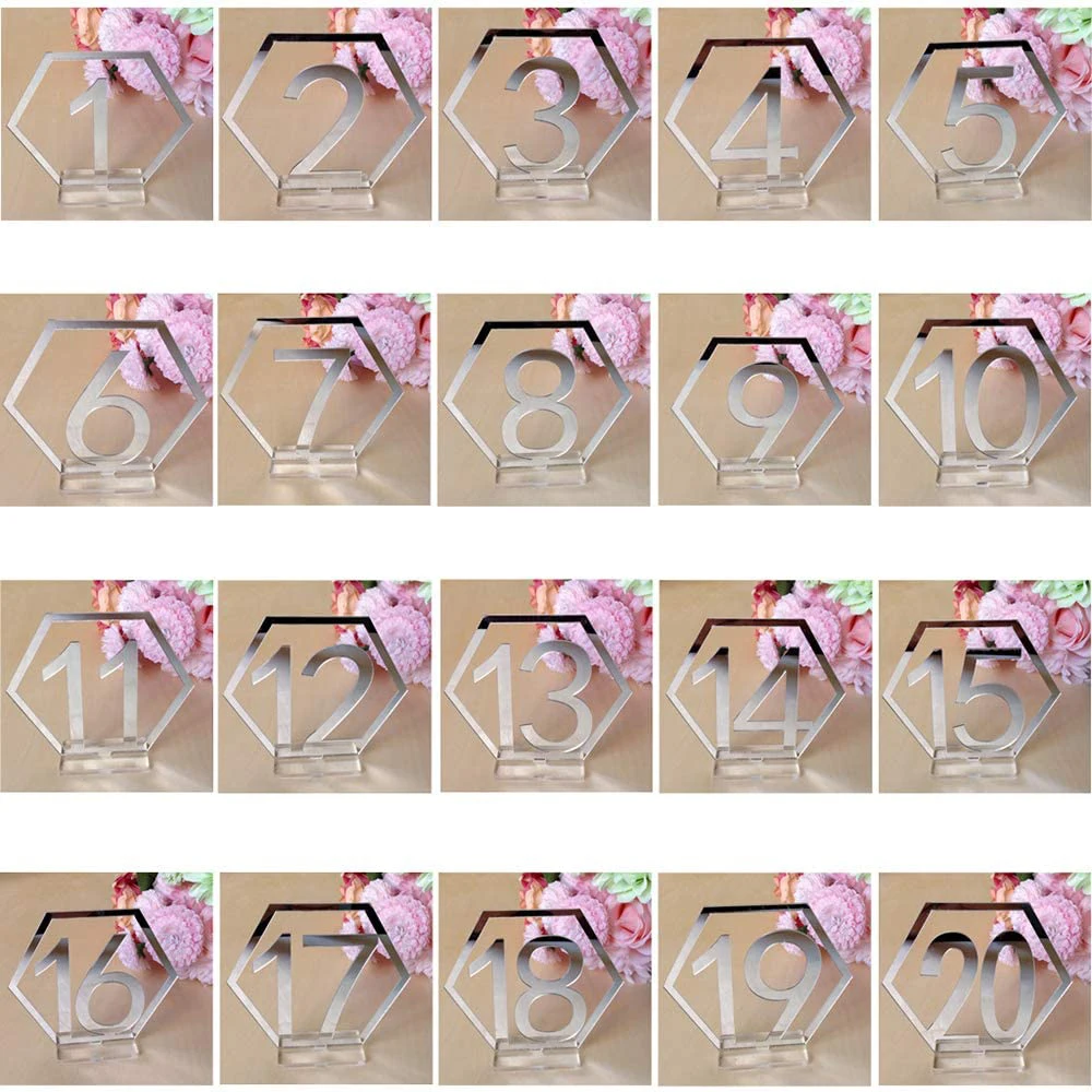 
Hexagonal Acrylic Table Number Set,20Pcs/40Pcs Gold Silver Centerpiece Banquet Dinner Table Signs Thicken Number Stand Base,Part 