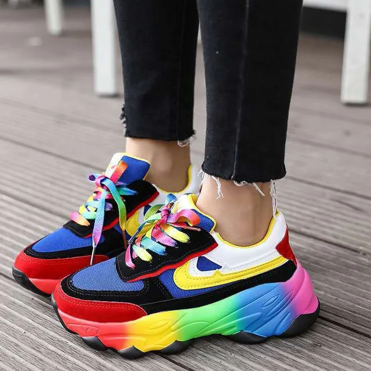 New Arrivals Thick Sole Multi Color Old Dad Fashion Sneakers Lace Up Rainbow Platform Mesh Casual Sport Running Shoes Women