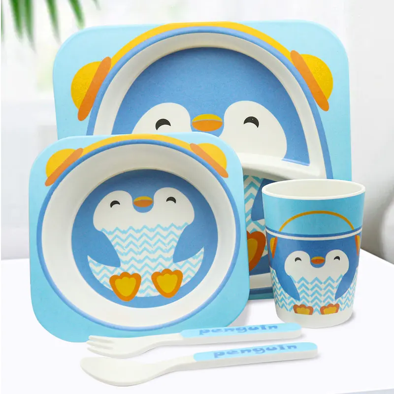Manufacture Factory Melamine Children Dinner Set 5 Pcs Cute Milk Cow Reusable Unbreakable Bamboo Fiber Dinnerware Plate Bowl Cup