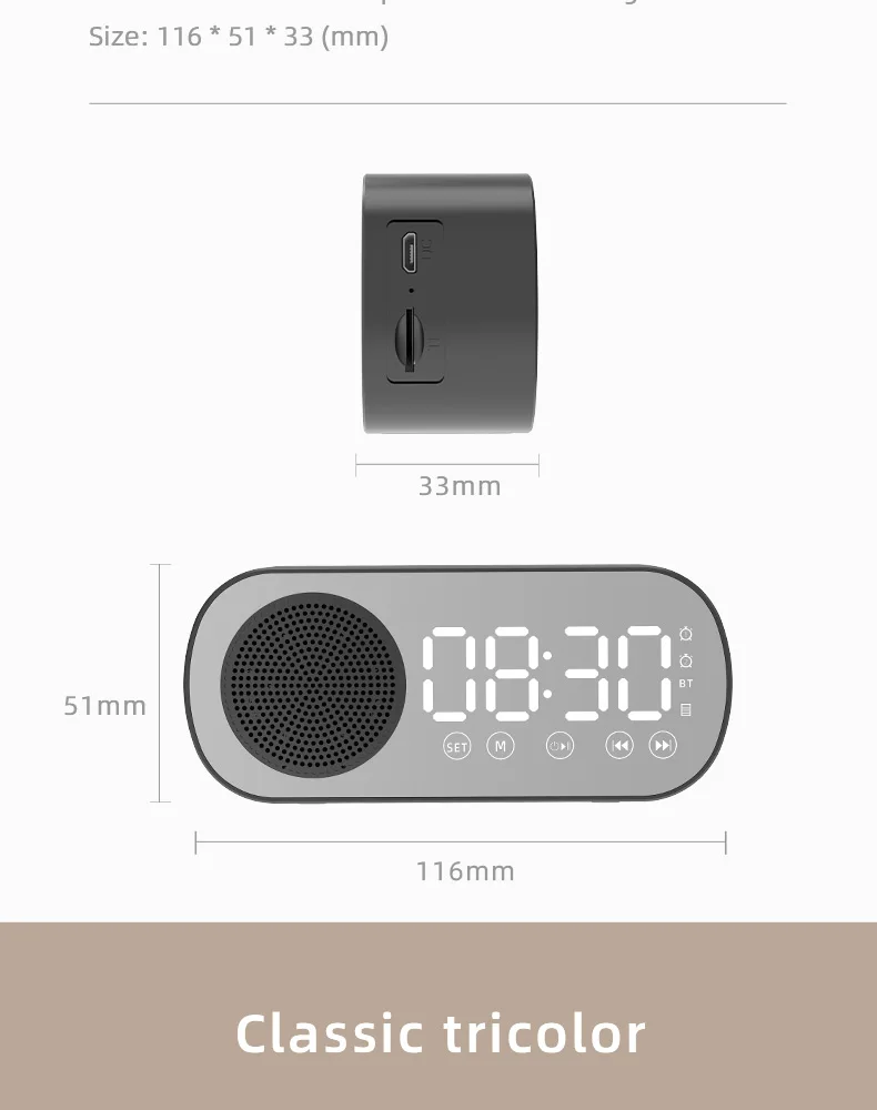2022 New Product Alarm Clock With Mirror Digital Clock USB Charging Mini Portable Bluetooth Speaker