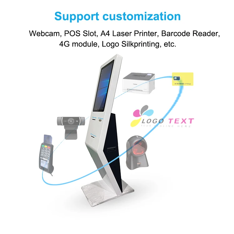 Freestanding 21.5 Inch Android Aio Touch Screen Queue Kiosk With Pos Barcode Scanner Ticket Printer Options