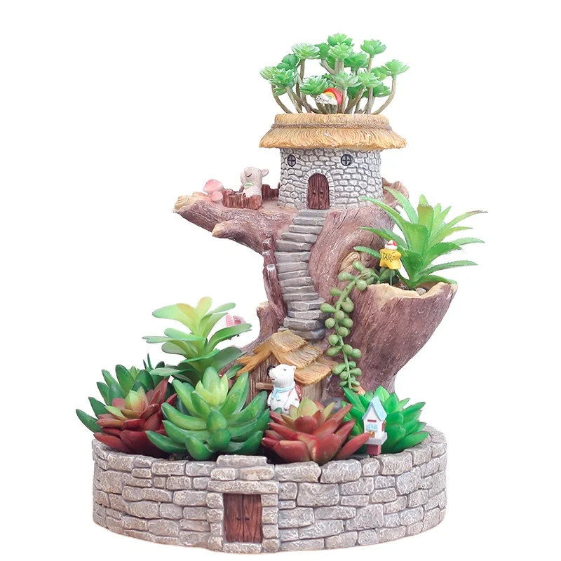 ROOGO Rustic Resin Micro Landscape Tree House Cottage Tall Outdoor Planters With Bunny Statue