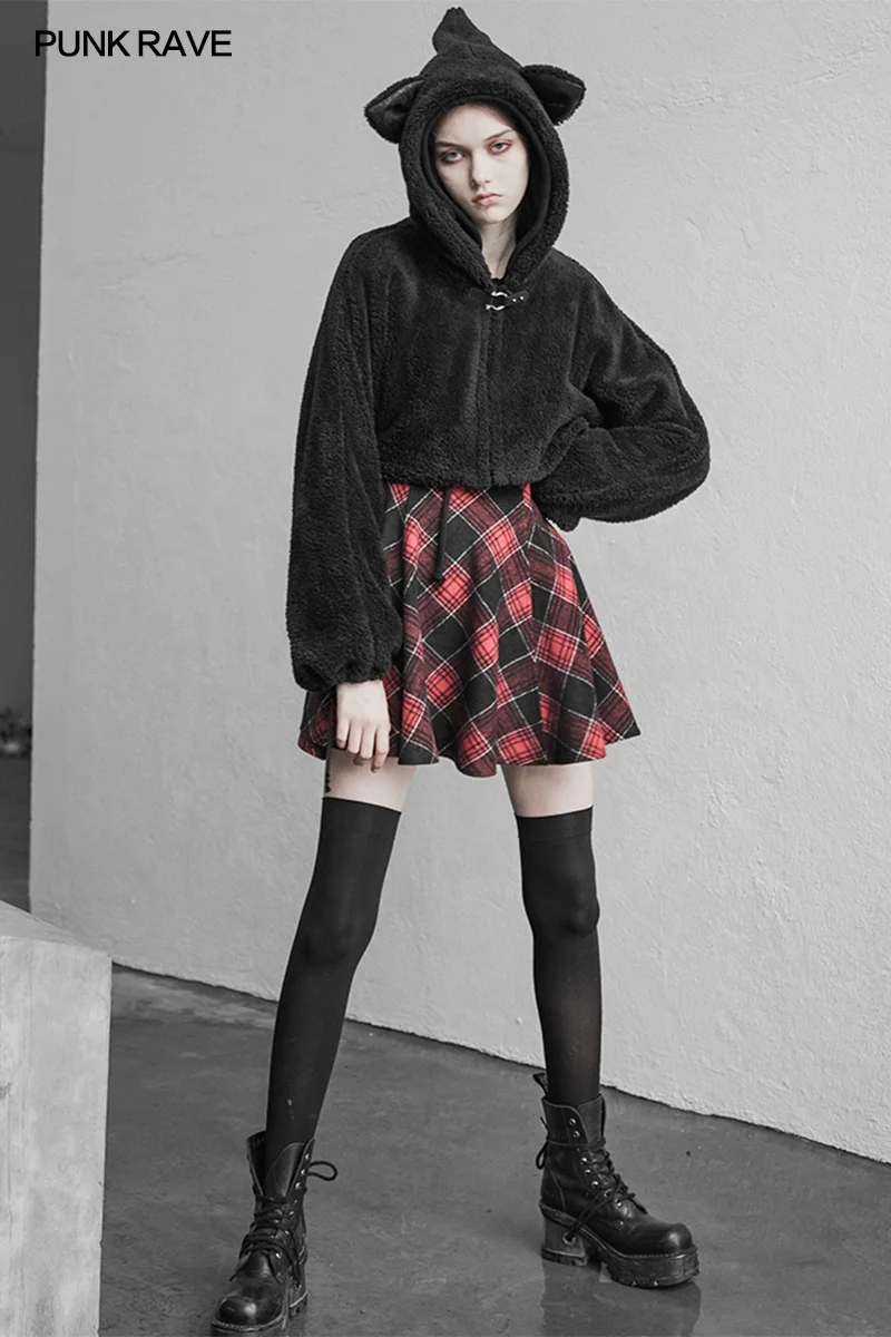PUNK RAVE Loose Short Cap Jacket OPY-377XDF Hoodie Black Winter Coat Hooded Coat Women Overcoat