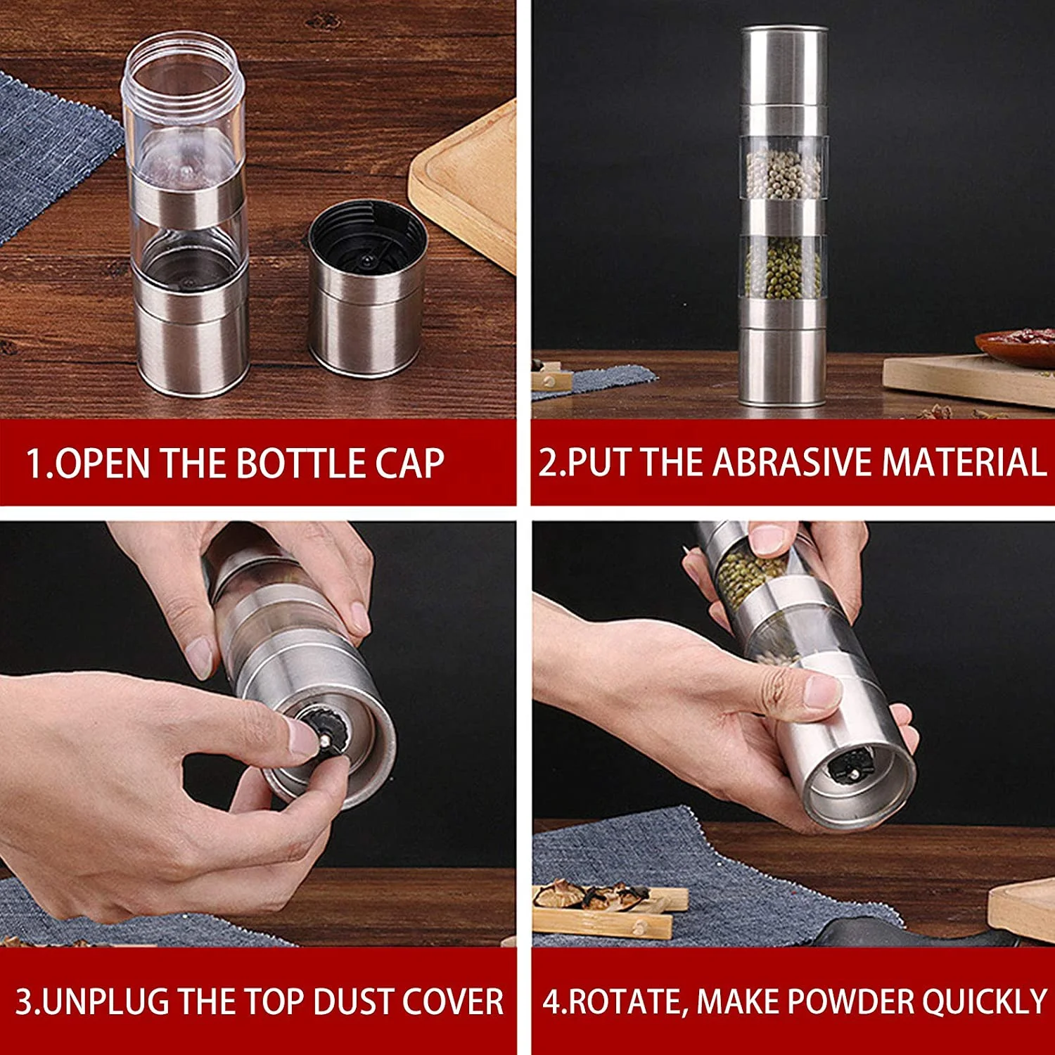 Stainless Steel Barbecue Seasoning Containers Storage Magnetic Spice Jar Set With Pepper Grinder