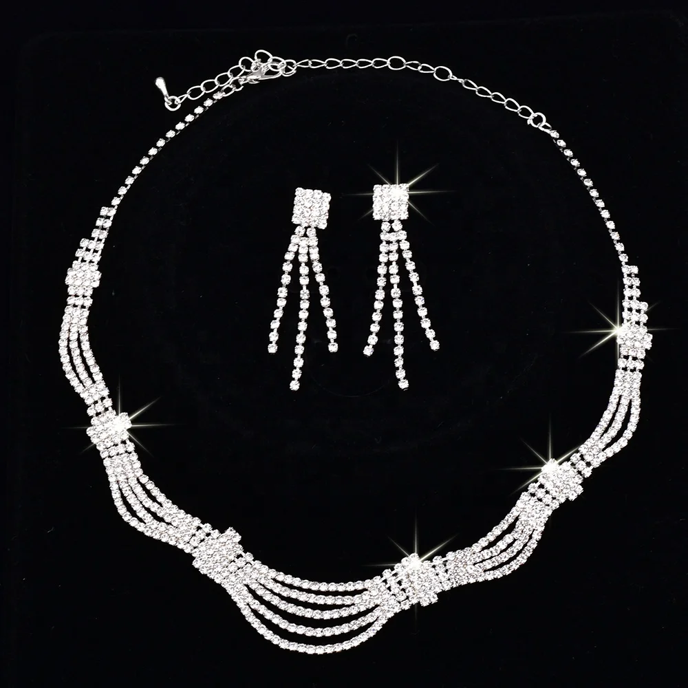 Wholesale Trendy Silver Rhinestone 5 Layer Jewelry Women Necklace & Earring