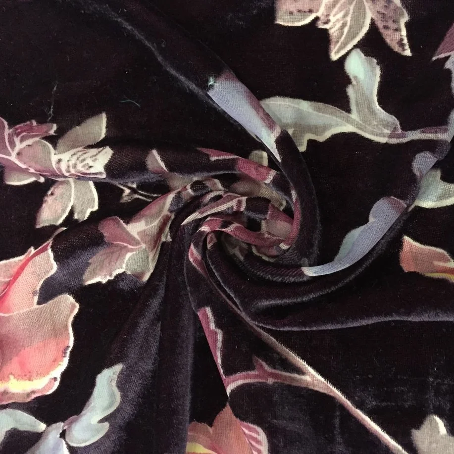 Hejin Manufacturer Custom High Quality Black Flower Stretch Printed Comfortable Woven Nylon Burnout Velvet Fabric for Clothing
