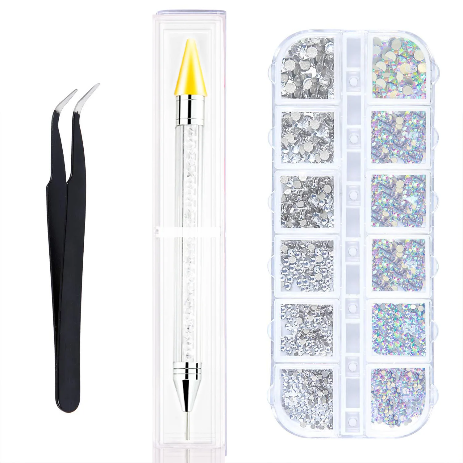 Crystals AB Nail Art Rhinestones Decorations Nail Stones for Nail Art with Pick Up Tweezer and Rhinestone Picker Dotting Pen