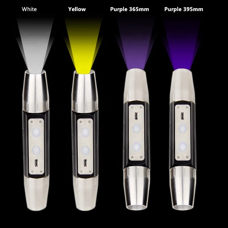 365nm 395nm UV LED Jade Flashlight Purple Yellow white 4 lights Usb Rechargeable Torch Identification Marker Checker Detection