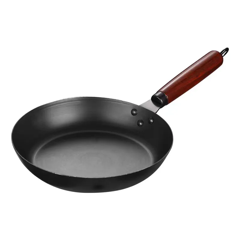 Wholesale Cast Iron Wok Pan Black Carbon Steel Frying Induction with Wooden Handle