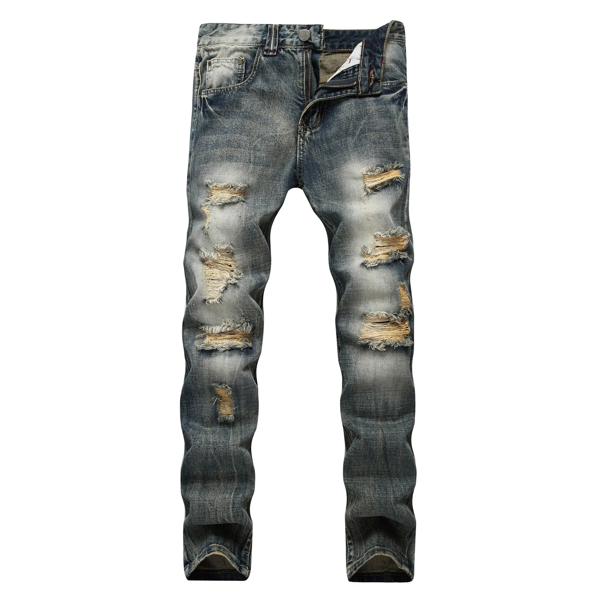 
European High Street Motorcycle Biker Jeans Men Hip Hop Ripped Holes Slim Jean Pants Y10906 
