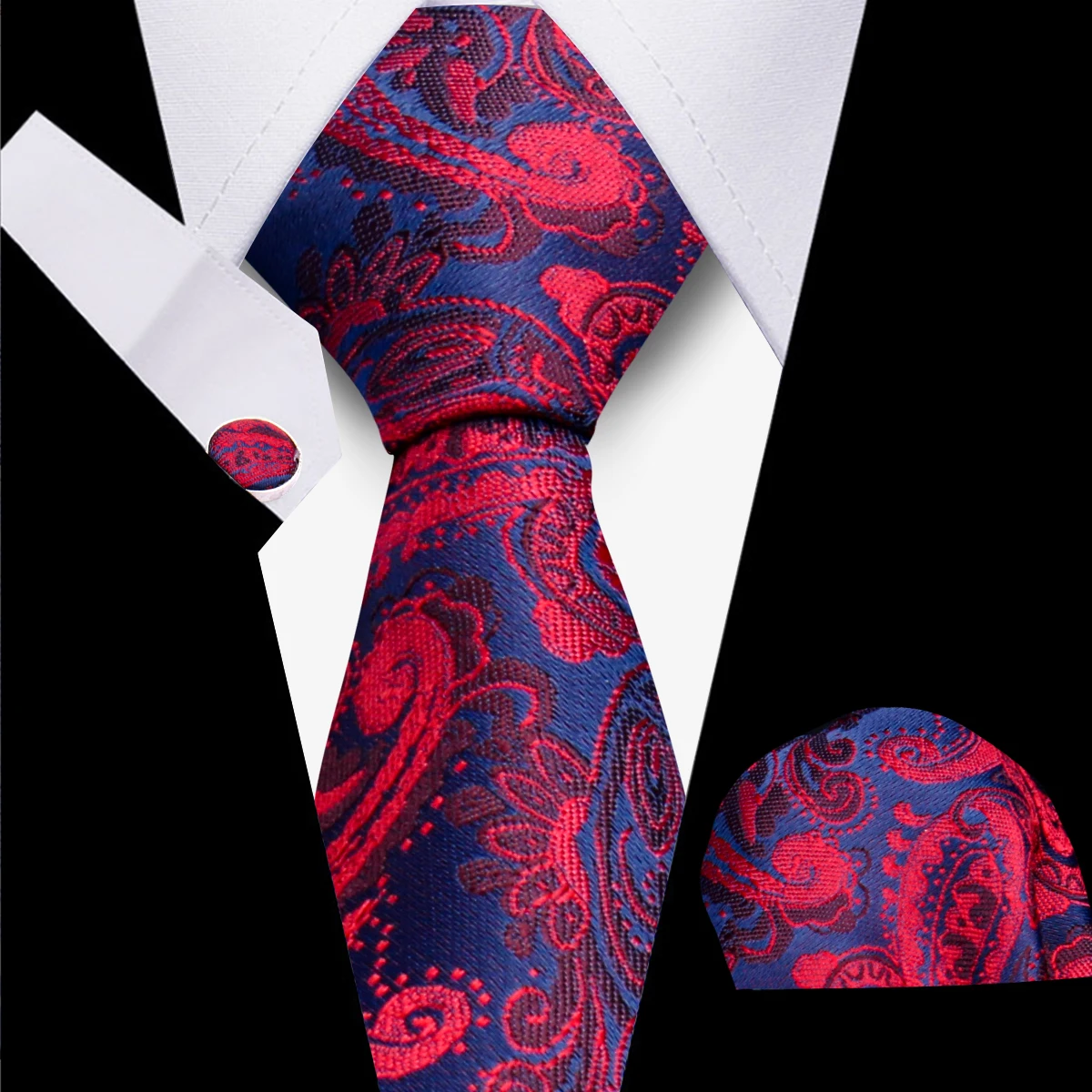 Burgundy Mens Tie Set Red Floral Silk Tie For Men Wedding Party Necktie Handkerchief Cufflinks Set
