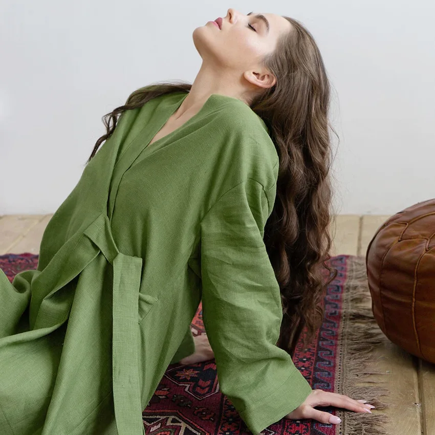 Kimono Robes 100% Cotton And Linen Solid Color Long-sleeved Cardigan Pajamas Outerwear Ladies Pajamas Home Clothes