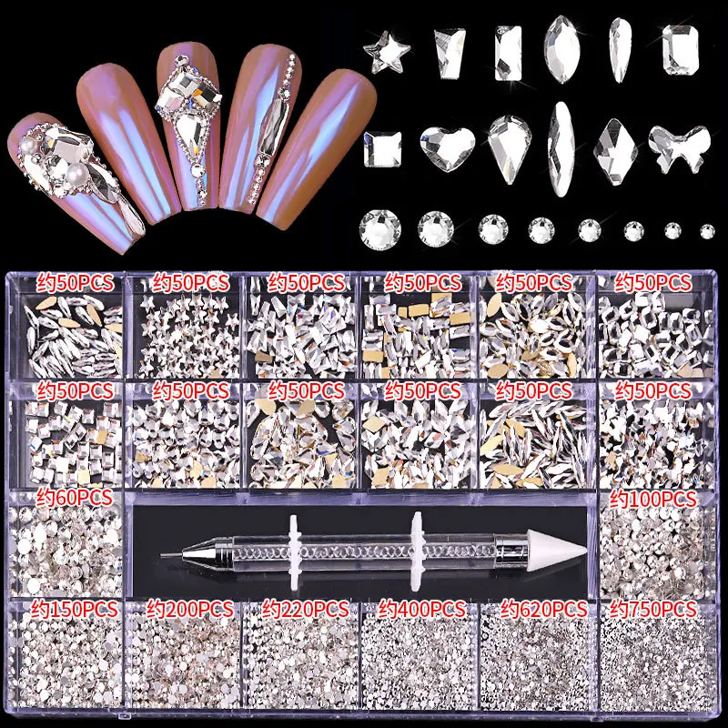 Wholesale Bling 20 Grin Nail Art Rhinestone Box Crystal Flat Back DIY Nail Glass Diamond Stone Kit