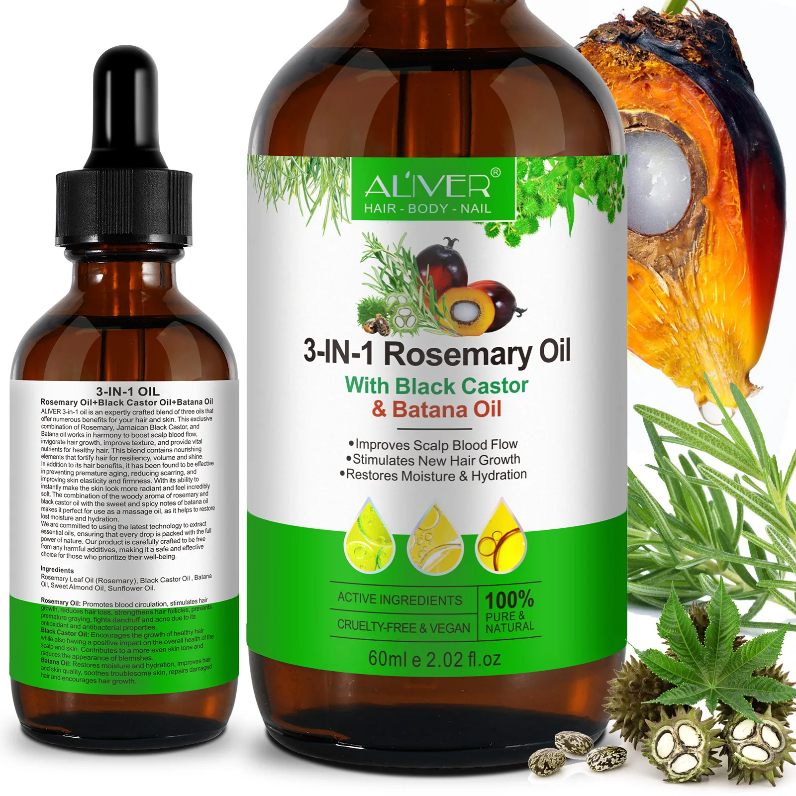 ALIVER stimulates scalp natural herbal miracle skin anti aging 3in1 rosemary black castor batana essential oil hair growth oil