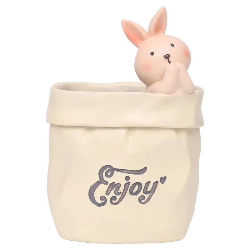 Roogo Vintage Paper Bag Resin Flower Pot Desktop And Garden Decor Wholesale Modern Style Animal Planter Green Plant Bonsai
