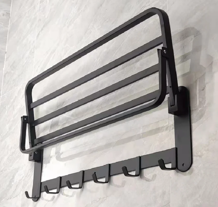 Modern No Drilling Self Adhesive Bath Towel Racks Bathroom Towel Roller Holder Foldable Square Black Towel Bars With Hooks