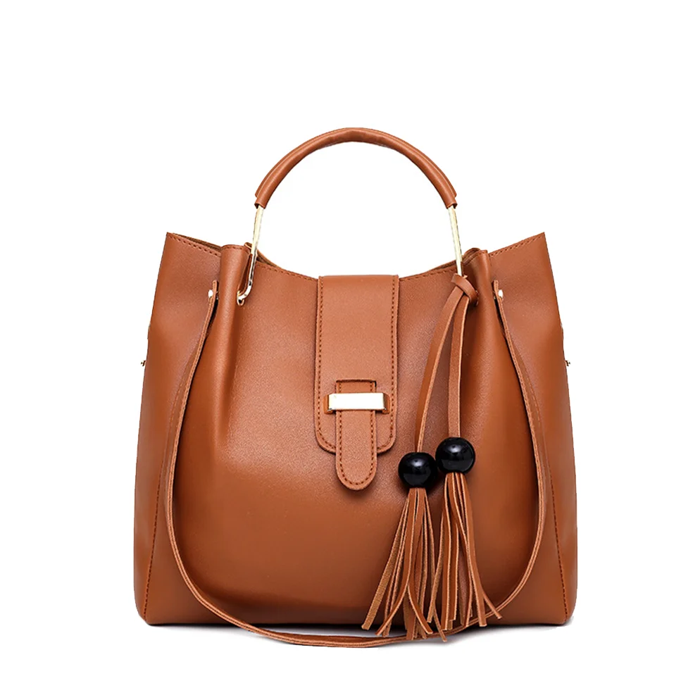 New female bag solid color fashion bead tassel bag three-piece set of large capacity hand bill shoulder bag