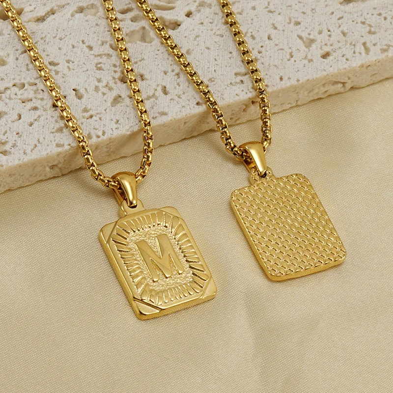 Tarnish Free Box Chain 26 Alphabet Initial Letter Necklace PVD 18k Gold Plated Stainless Steel Rectangle Initial Necklace