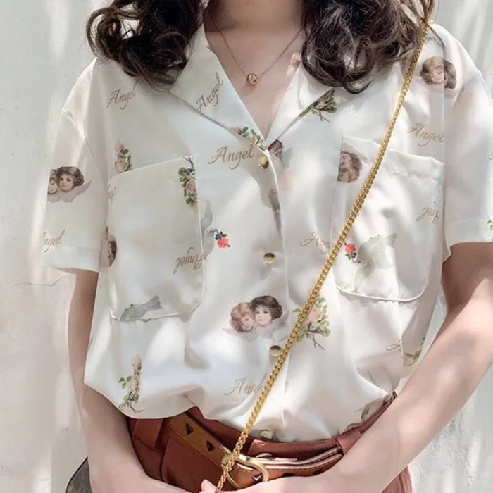 Deeptown Angle Pattern Print Blouse Women Vintage Korean Womens Shirt Summer White Leisure Loose Tops Women 2021 Fashion Shirts
