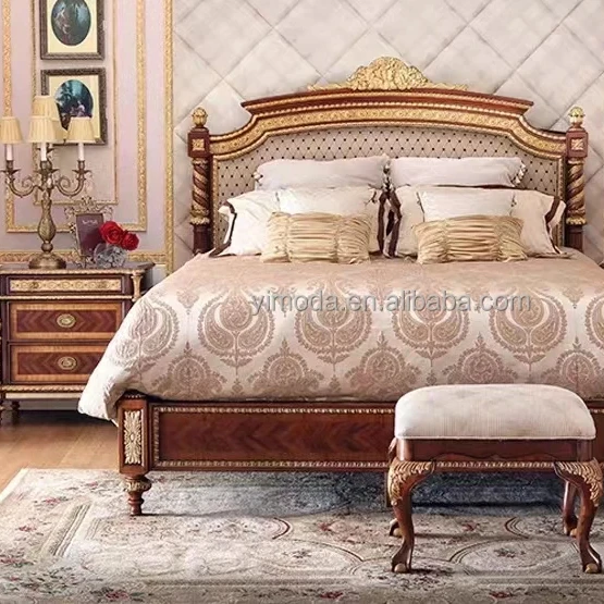 Antique Wooden Carved Bedroom sets , Handmade Luxury wood bed set furniture , Dark polish wooden beds Home furniture