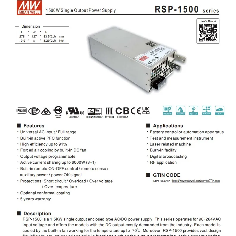 Meanwell RSP1500W 2400W 3000W Single Output Build In Pfc Ac To Dc Meanwell Switching Power Supply