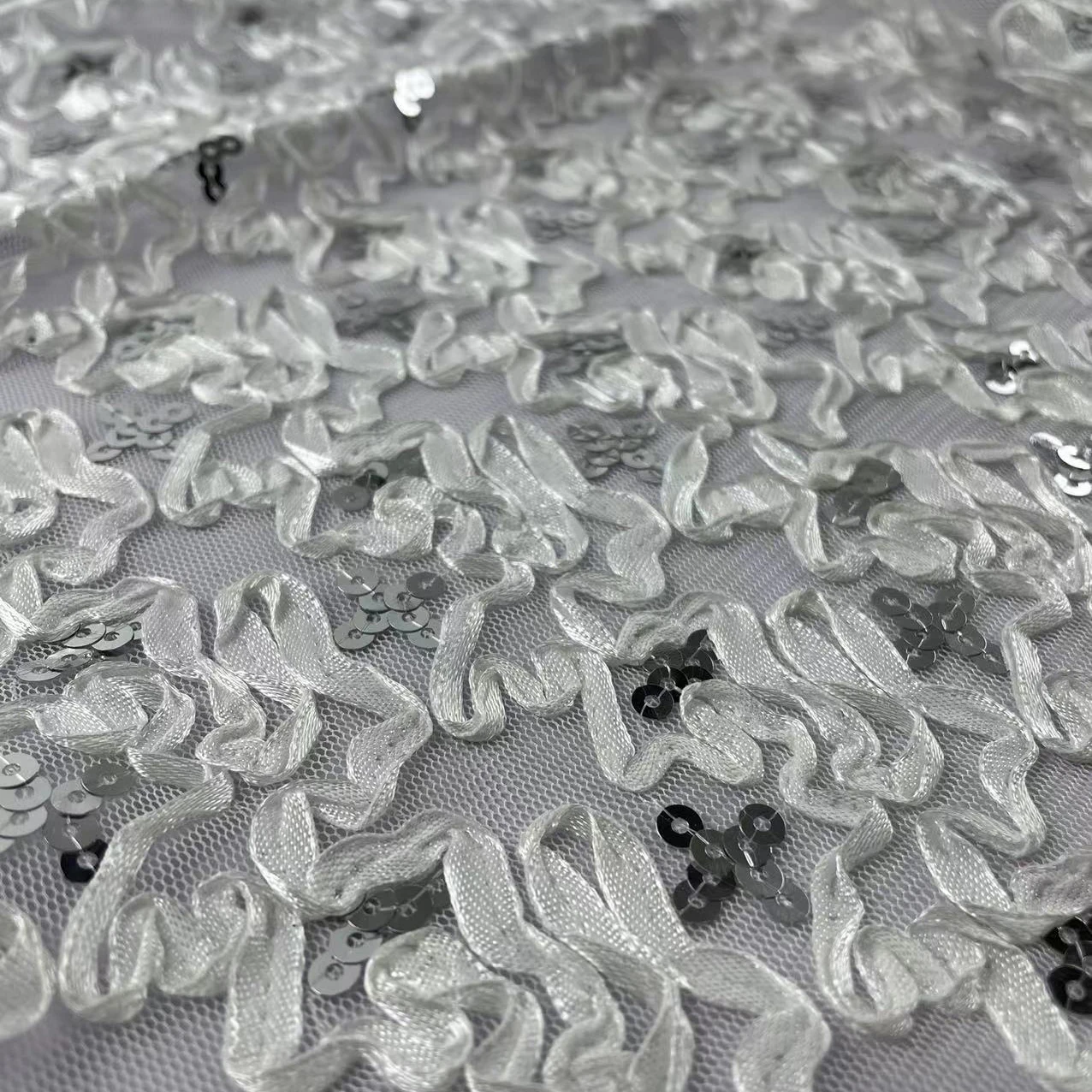 2023 New Lace Mesh White Sequins Embroider Dance Wear Costume Wedding 130 Width Fashion Design American