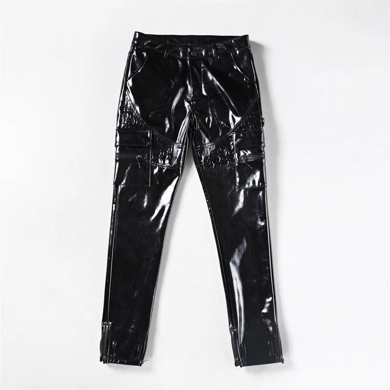 Pu Faux Leather Button Cargo Pants Bullet Zipper Custom  Color  Y2K Streetwear Leather Pants For Men