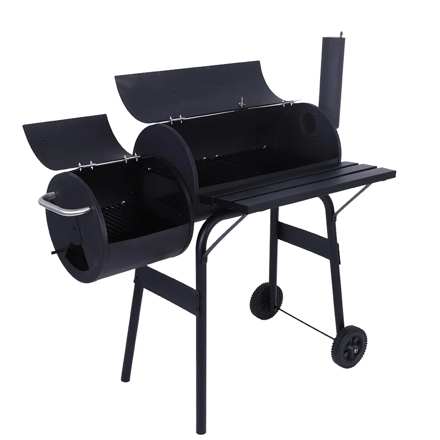 Black Wood Pellet Barbecue Grill Chimney Design Double Barrel Combo Stove Trolley Smoker Oven
