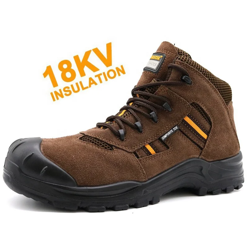 Brown suede leather non-slip pu sole composite toe anti-smashing puncture proof ASTM electrical safety shoes 18kv