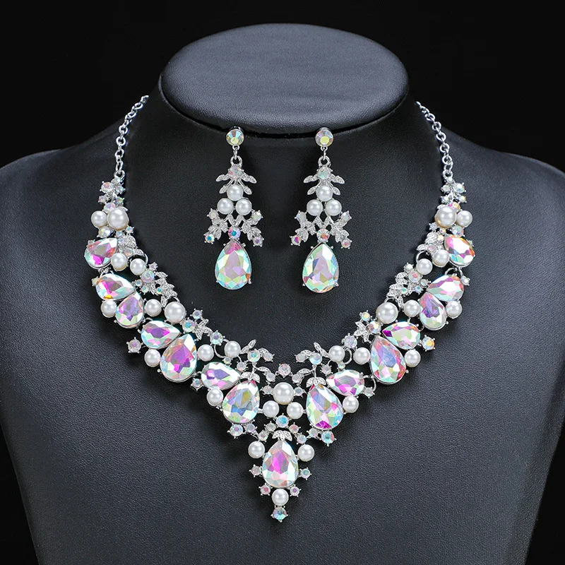 High Quality New Style Wedding Pearl Crystal Necklace Earrings Jewelry Sets