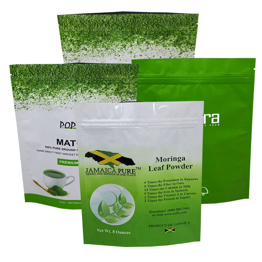 digital custom reclosable stand up plastic aluminum foil matcha green tea bag moringa leaf powder packing bag with zipper