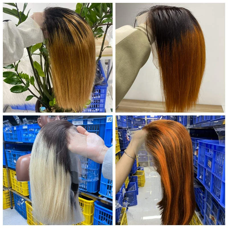 Raw Brazilian Hair Vendor Colored Bob 13x4 Full Lace Front Human Hair Wigs For Black Women Super Double Drawn Bone Straight Bob