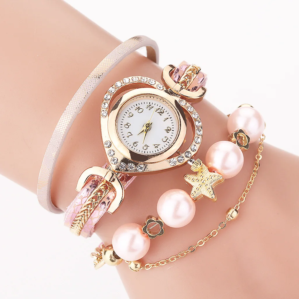wholesale Leather Heart wristwatch bracelet Quartz ladies luxury diamond winding pearls watches for women