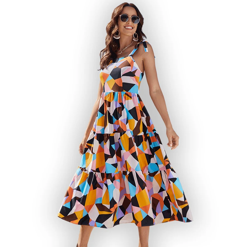 2022 Fashionable woman colorful sleeveless backless maxi dress Casual midi dress Chiffon Polyester Floral Printed Long Skirt