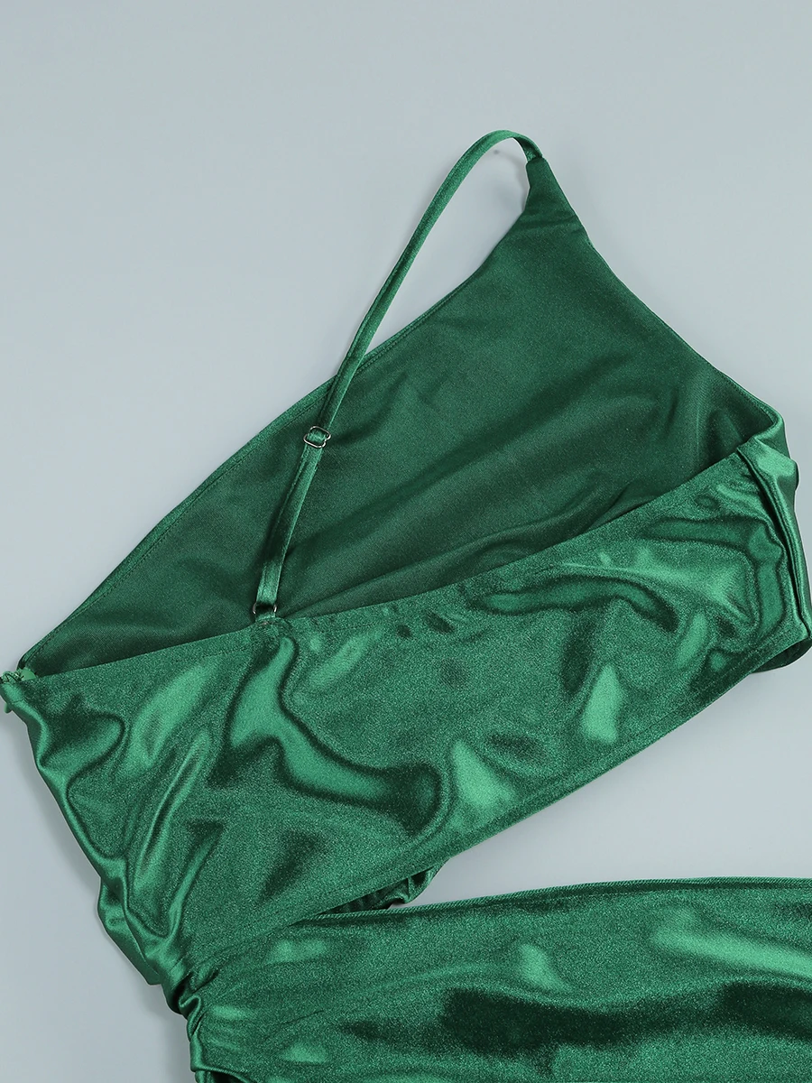 SB3174 Wholesale Sexy Women Long Maxi Split Dress Green Single Shoulder Halter Sexy Backless Silk Satin Evening Party Dress