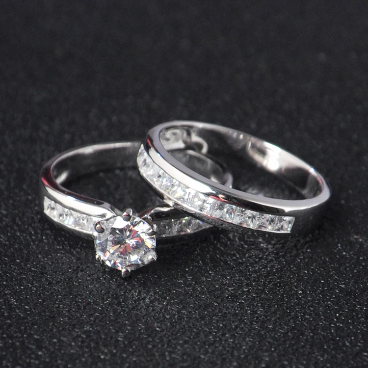 Classic 925 Sterling Silver  Wedding ring sets with AAA Clear Zircon and rhodium plated fine silver Jewelry For Women