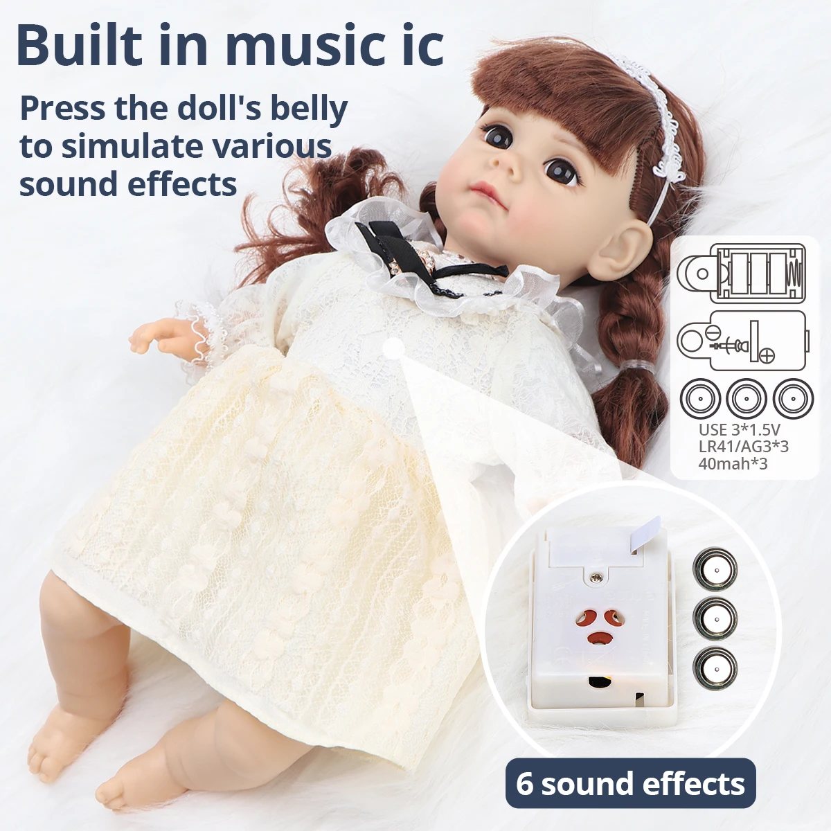 14 Lnch Baby Doll with Fashion Clothes Smooth Soft Skin Pvc Material Head Limbs, Cotton Body with Long Brown Hair Wearing a Bow