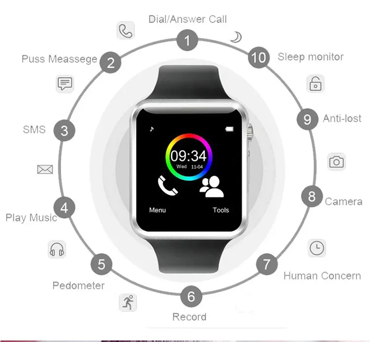 
A1 Smart Watch Best Selling smart watch with Sim Card Pedometer Camera a1 smart phone watch 