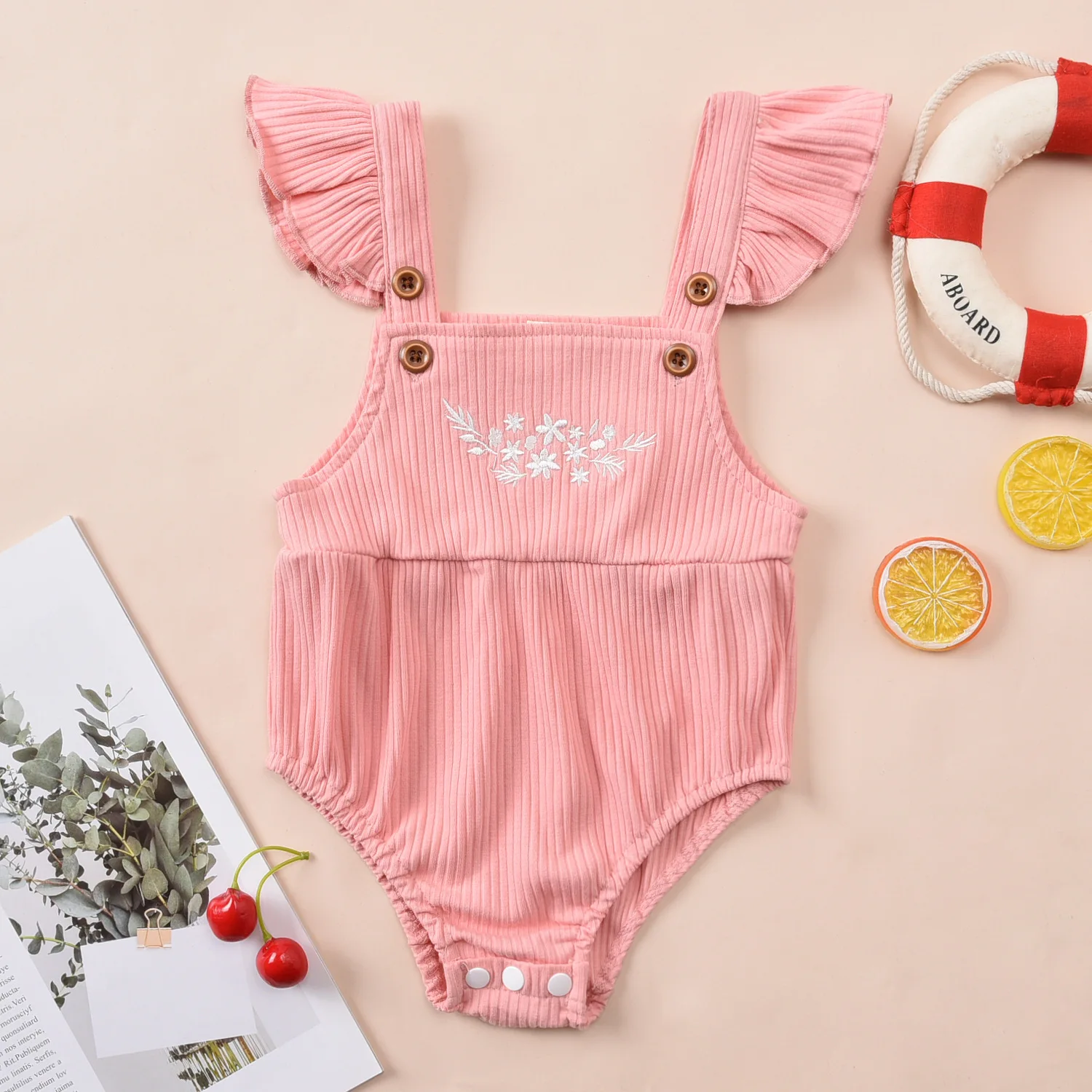 Baby Girls Summer Ribbed Rompers Toddlers Floral Printing Jumpsuit Flying Sleeve with Button bodysuit