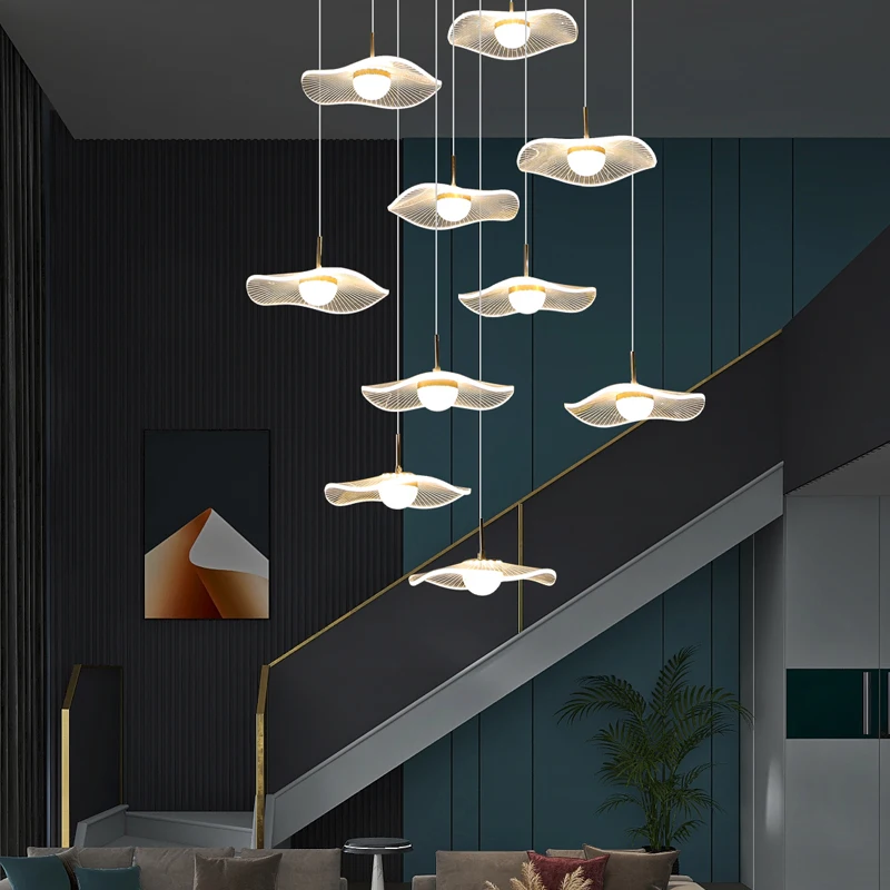 New living room chandelier simple creative lotus leaf loft apartment hotel villa pick high school empty stairs long chandelier