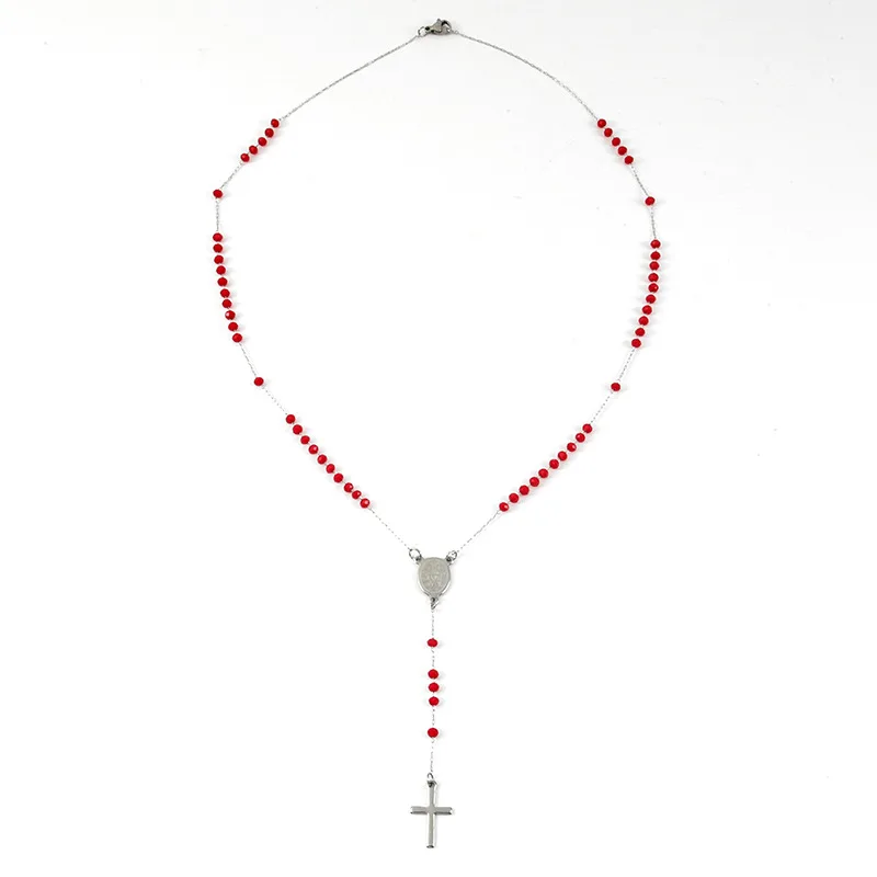 Нержавеющая сталь Религиозные ювелирные изделия крест кулон четки ожерелье с 3 5 мм 6 Красный Синий Черный Кристалл бусины