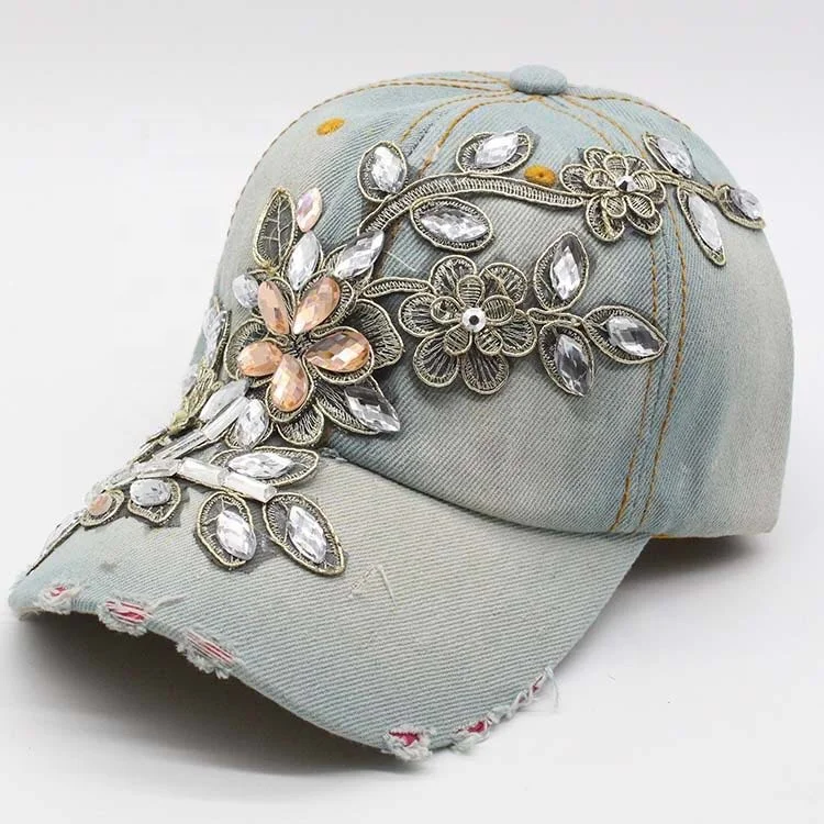 European And American Handmade Diamond-encrusted Golden Silk Flower Decorative Style Cowboy Baseball Hat Trendy Women