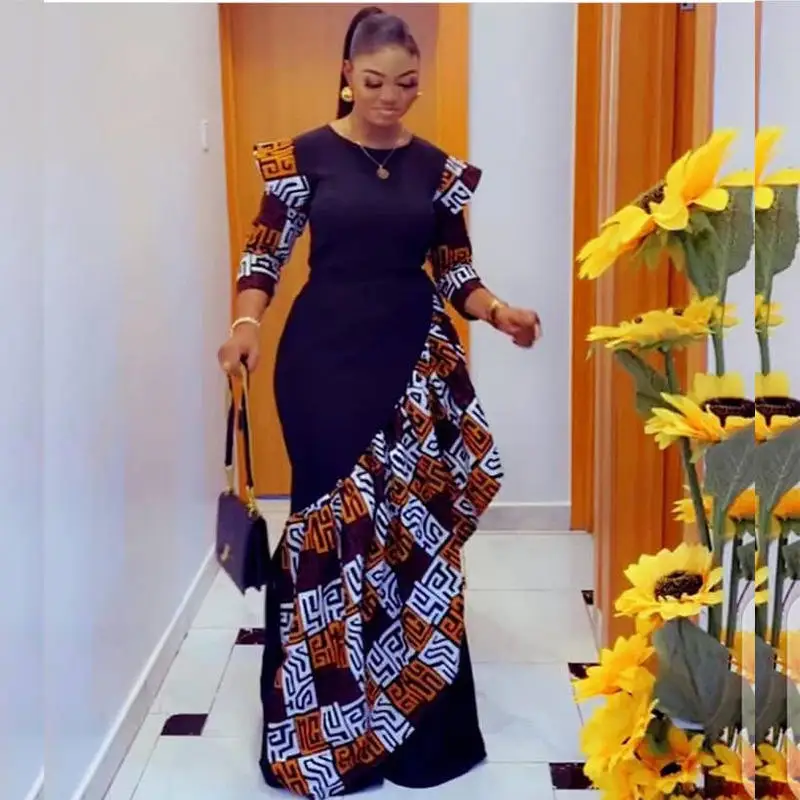 2023 Hot Style Crew-Neck Printing Black Patchwork Long Sleeve Maxi Winter Women Long Dresses