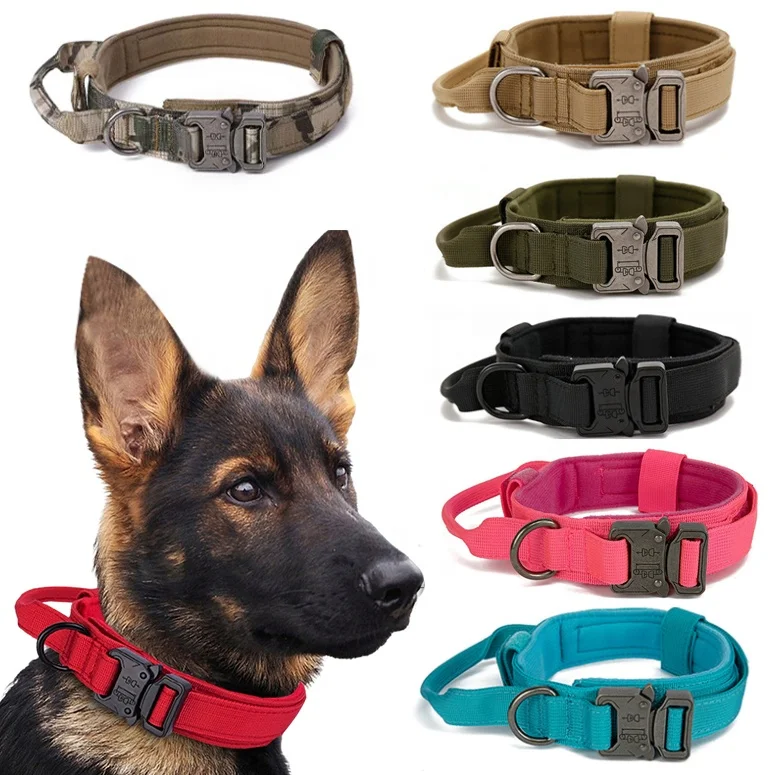 Wholesale OEM ODM Adjustable Nylon Tactical Thick Collar with Handle and Heavy Metal Buckle Tactical Dog Collar Harness