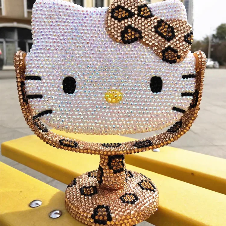 Hello Kitty Style Swivel Desktop Makeup Mirror Pocket Travel with Diamond Cosmetic Mirror Portable Handheld Mini Cute Mirror