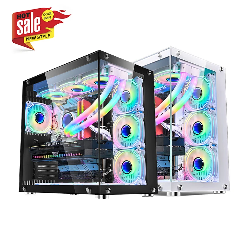 Lovingcool New Arrival Tempered Glass Computer Case Black/White Mid Tower CPU Cabinet PC Gaming Case for ITX / M-ATX / ATX