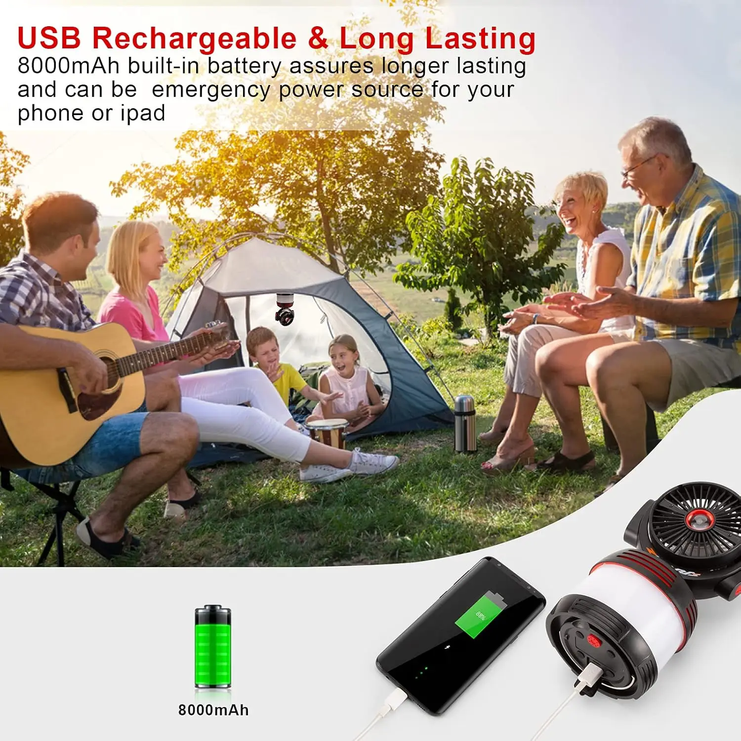 SOHOT Rechargeable Power Bank LED Camping Lantern with Ceiling Fan LED Camping Tent Light Emergency Lamp for Camping Fan