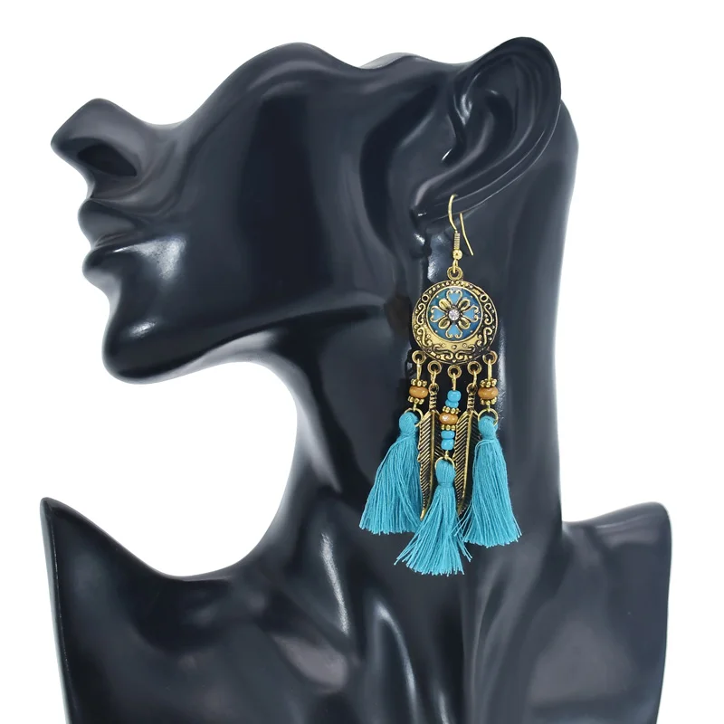 Bohemian Vintage Long Feather Resin Beaded Dangling Earrings Handmade Tassel Earrings Party Jewelry